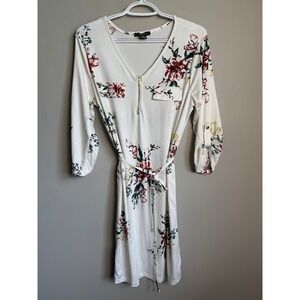 Beechers Brook Floral V-Neck Belted Dress Women L Ivory Cream Floral Cottagecore